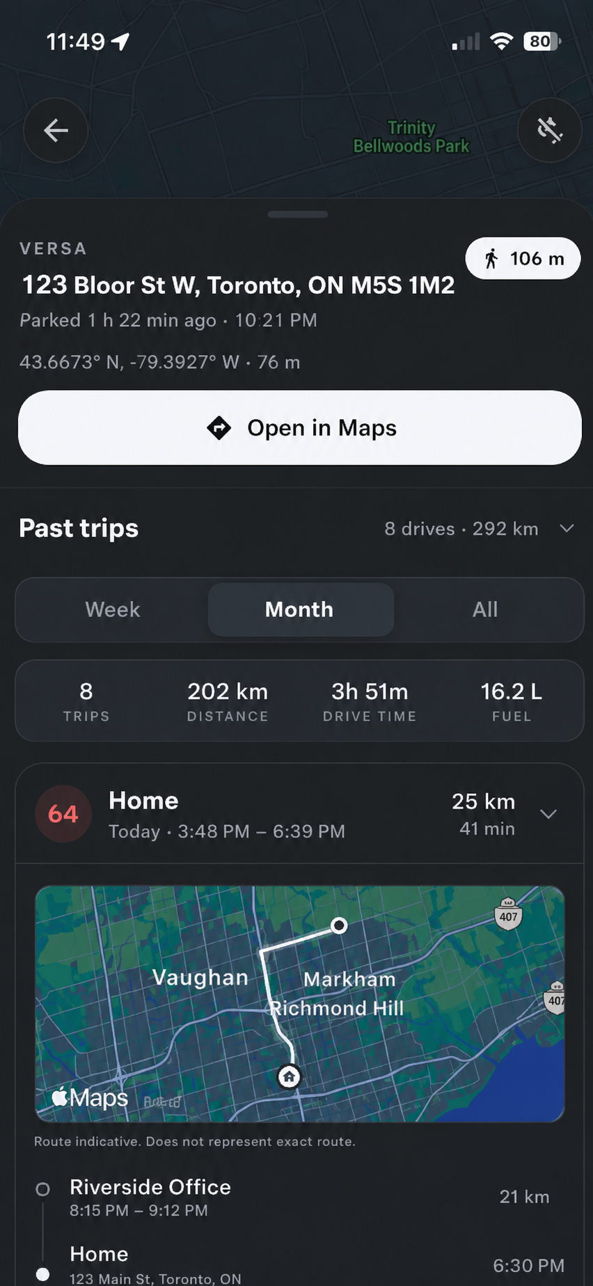 Nexus location screen showing the vehicle parked at 71 Godstone Rd, Toronto with past trips and a route map